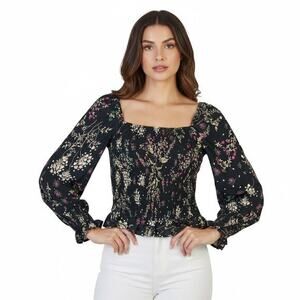 Lovestitch Floral Smocked Square Neck Blouse Womens S Black Ruffle Cottagecore
